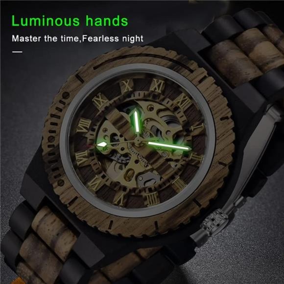 Men's Wooden Watch Skeleton Automatic Movement Wood Watch Self-Winding Watches - Picture 4 of 6